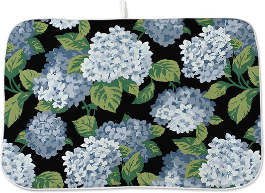 Spring Floral Dish Drying Mat 18x24 Inches For Kitchen Counter Absorbent Black Blue Hydrangea Flower Kitchen Decoration Summer Floral Drying Mat Pad For Home Kitchen,Dining Room,Office Decor