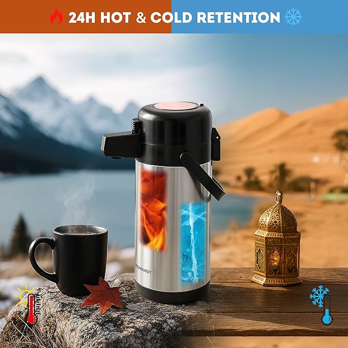 TOMAKEIT Airpot Coffee Carafe for Keeping Hot,102oz/3L Coffee Dispenser Thermal with Pump,Insulated Stainless Steel Hot Beverage Dispenser for Parties,Thermal Carafe for Hot Drinks Water Tea Chocolate - Image 4