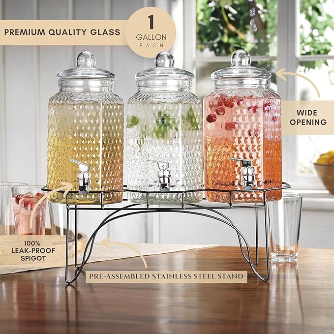 MosJos Drink Dispenser Set of 3 - Beverage Dispenser with Stand - Glass Drink Dispensers for Lemonade, Juice, Water, Iced Tea, Punch - 1-Gallon Countertop Party Drink Dispensers - Image 5