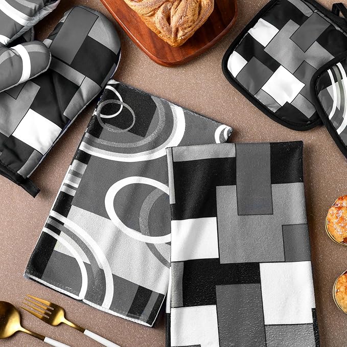 Jingmore 6 Pcs Kitchen Decor Set Accessorie Farmhouse Kitchen Towels Pot Holders Oven Mitts Set 2 Dish Towels 2 Pot Holders 2 Cooking Mittens Oven Glove for Cooking (Gray and Black,Geometric) - Image 3