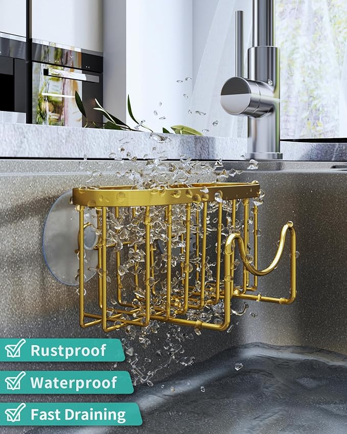 HapiRm Multifunctional Sponge Holder - 2 Installation Methods Sink Caddy with Unique M-shaped, Stainless Steel Kitchen Sink Organizer for Sponge, Brush, Stopper and Scraper - Gold - Image 4