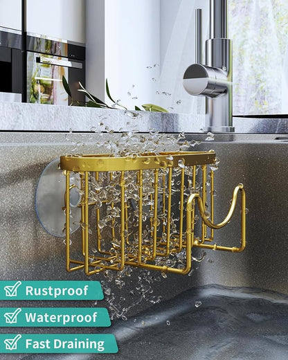 HapiRm Multifunctional Sponge Holder - 2 Installation Methods Sink Caddy with Unique M-shaped, Stainless Steel Kitchen Sink Organizer for Sponge, Brush, Stopper and Scraper - Gold - Image 4