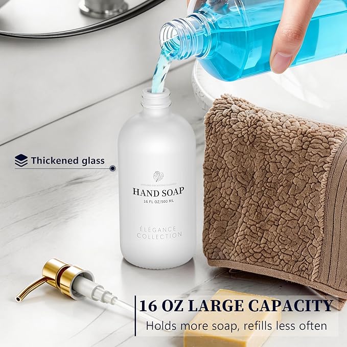 White Glass Soap Dispenser Set of 2, 16oz Hand and Dish Soap Dispenser for Kitchen & Bathroom, Gold Stainless Steel Pump, Non-Slip Base, 14 Waterproof Labels, Contemporary Style - Image 5