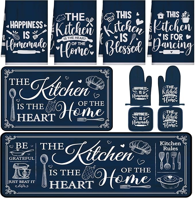 Fourluoo 10 Pcs Farmhouse Kitchen Decor and Accessories Set 4 Kitchen Towels 2 Pot Holders 2 Oven Mitts 2 Rugs for Cooking Baking Mom Housewarming Gifts(Dark Blue,Classic Style) by Fourluoo