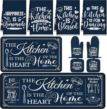 Fourluoo 10 Pcs Farmhouse Kitchen Decor and Accessories Set 4 Kitchen Towels 2 Pot Holders 2 Oven Mitts 2 Rugs for Cooking Baking Mom Housewarming Gifts(Dark Blue,Classic Style) by Fourluoo