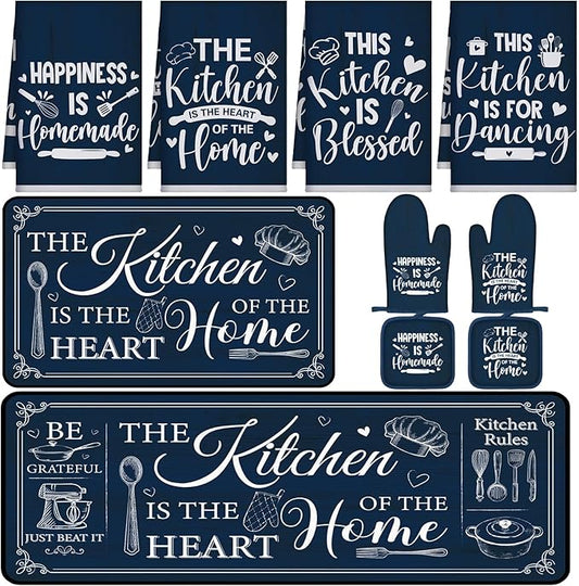 Fourluoo 10 Pcs Farmhouse Kitchen Decor and Accessories Set 4 Kitchen Towels 2 Pot Holders 2 Oven Mitts 2 Rugs for Cooking Baking Mom Housewarming Gifts(Dark Blue,Classic Style) by Fourluoo