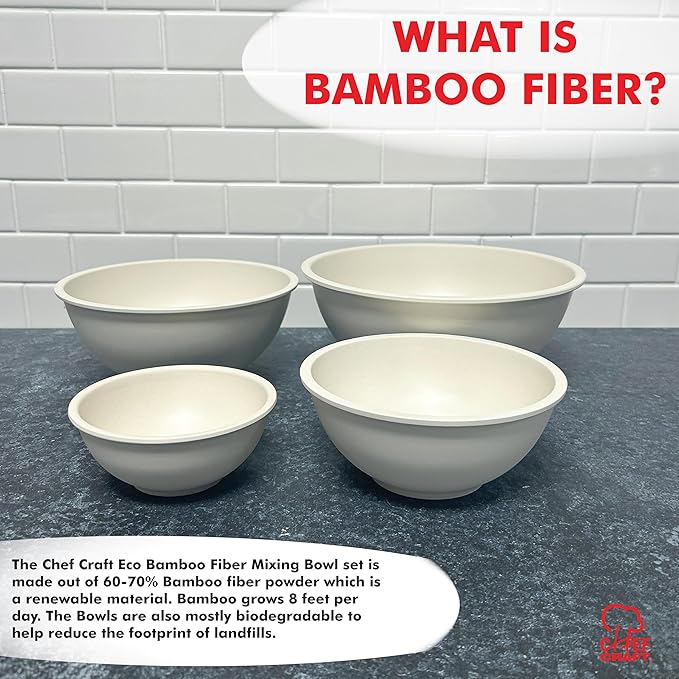 Chef Craft Eco Bamboo Fiber Mixing Bowl Set, 4 Piece, Natural