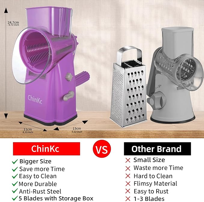 Upgrade Rotary Cheese Grater Shredder with Handle, Strong Suction Base, Multi-purpose Rotary Grater Slicer with 5 Interchangeable Blades for Ice, Vegetables, Fruit, Nuts with Blade Storage Box - Image 2