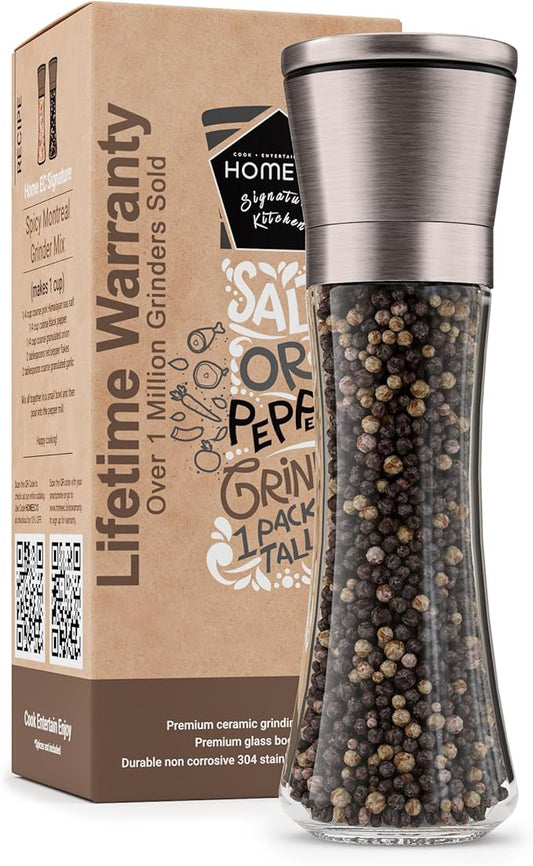 HOME EC Original Stainless Steel Salt or Pepper Grinder 1pk - Adjustable Ceramic Sea Salt Grinder or Pepper Mill - Tall Glass Spice Shaker - Spice Mill w/Ebook (Bronze) by HOMEEC