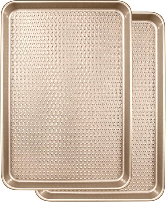 Wildone Baking Sheet Pan Set, Honeycomb Embossed Nonstick Baking Sheet 15x10 In, Thicker Carbon Steel Cookie Sheet, Even Heating Jelly Roll Pan, Champagne Gold, 2 Pack by Wildone
