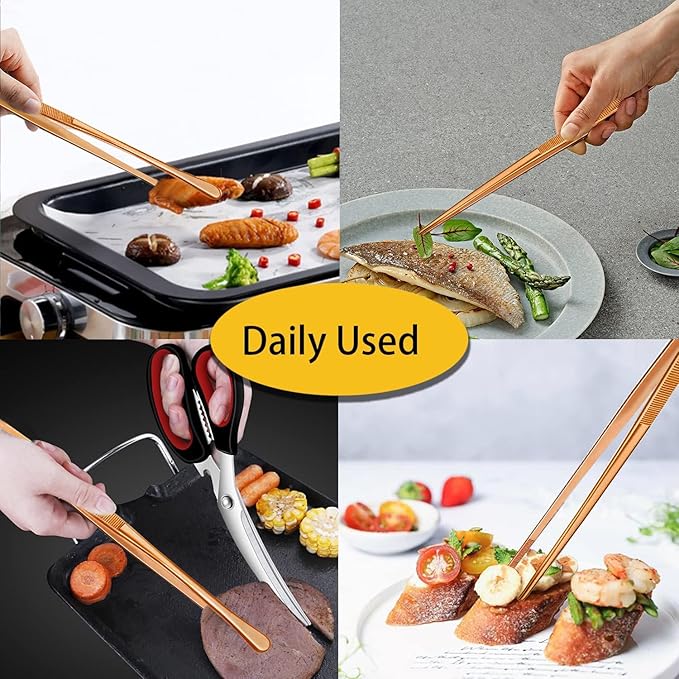 JETKONG 2 Pcs 12-Inch Kitchen Tweezers Cooking Tweezer Tongs Stainless Steel Long Food Tweezers (Rose Gold) - Image 5
