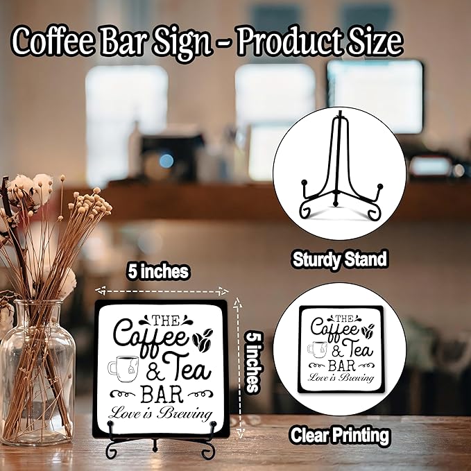 Coffee Bar Sign, Love is Brewing Farmhouse Tabletop Decor, Coffee and Tea Lover Gifts, 5x5 Wood Plaque with Iron Stand for Home Kitchen Cafe, Coffee Bar Decor – L06 - Image 2
