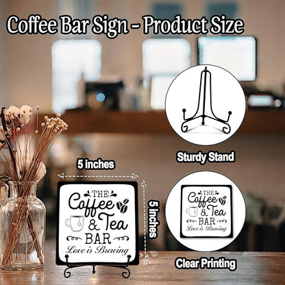 Coffee Bar Sign, Love is Brewing Farmhouse Tabletop Decor, Coffee and Tea Lover Gifts, 5x5 Wood Plaque with Iron Stand for Home Kitchen Cafe, Coffee Bar Decor – L06 - Image 2