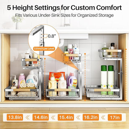 PXRACK Under Sink Organizer, Adjustable Height, 2 Tier Pull Out Cabinet Organizer, Slide Out Thickened Metal Storage for Kitchen Bathroom Laundry Pantry Cabinet, Stainless Steel, Silver, Large-1-Pack - Image 5