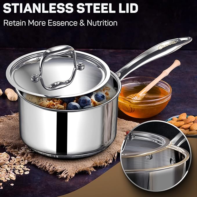 Ciwete 2 Quart Sauce Pan with Lid, Tri Ply Stainless Steel Saucepan 2 Qt with Stainless Steel Lid, 2 Measuring Lines, Upgraded Packaging, Cool Ergonomic Handle, Dishwasher & Oven Safe - Image 5