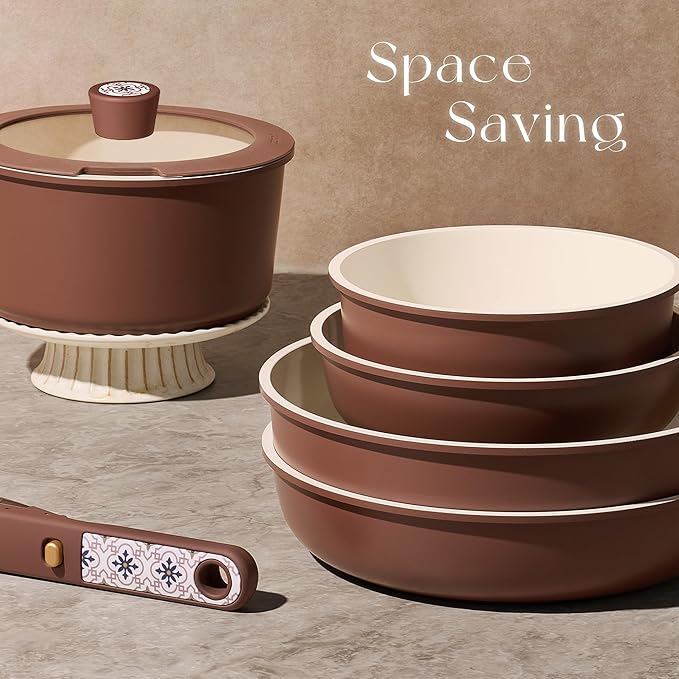 CAROTE 19Pcs Ceramic Cookware Set, Pots and Pans Set Non stick, Non Toxic Cookware Detachable Handle, Kitchen Cooking Set - Induction Cookware, Dishwasher/Oven Safe, PFAS Free, Chocolate - Image 4
