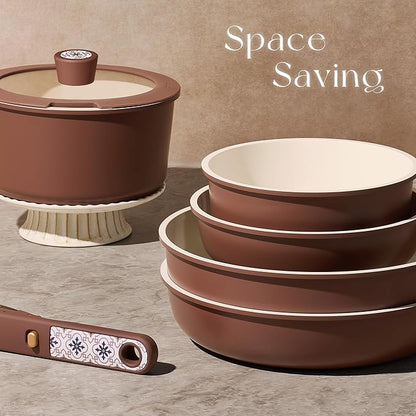 CAROTE 19Pcs Ceramic Cookware Set, Pots and Pans Set Non stick, Non Toxic Cookware Detachable Handle, Kitchen Cooking Set - Induction Cookware, Dishwasher/Oven Safe, PFAS Free, Chocolate - Image 4