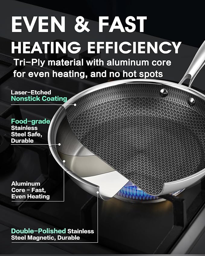 Non Stick 8 Inch Frying Pan with Lid, Hybrid Nonstick Stainless Steel Skillet Pan with Stay-cooling Handle, PFOA Free Non Toxic Dishwash & Oven Safe Kithchen Cookware Set Compatible All Cooktops - Image 3
