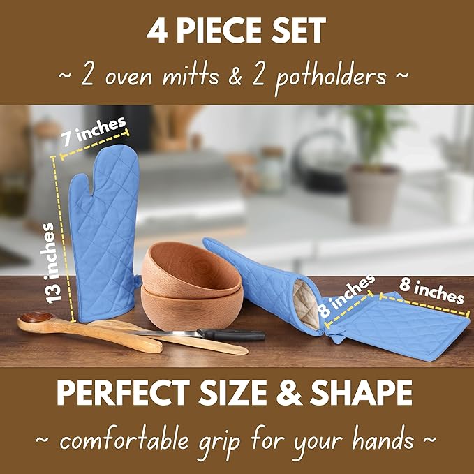 Native Fab Pot Holders and Oven Mitts Sets for Kitchen Heat Resistant - Hanging Non-Slip - 100% Cotton Kitchen Oven Mitts and Pot Holders 4-Piece Set - Blue - Image 2