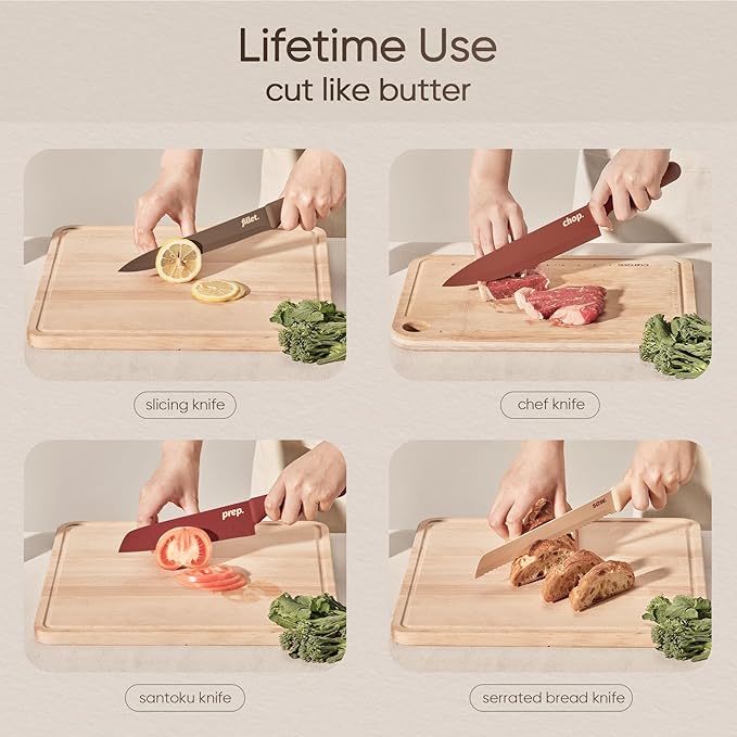 CAROTE Knife Set, 13 Pcs Kitchen Knife Set with Letter, 6 Stainless Steel Knives with Nonstick Ceramic Surface & Blade Guards, Kitchen Shears, Dishwasher Safe, Ergonomic Handles - Image 8