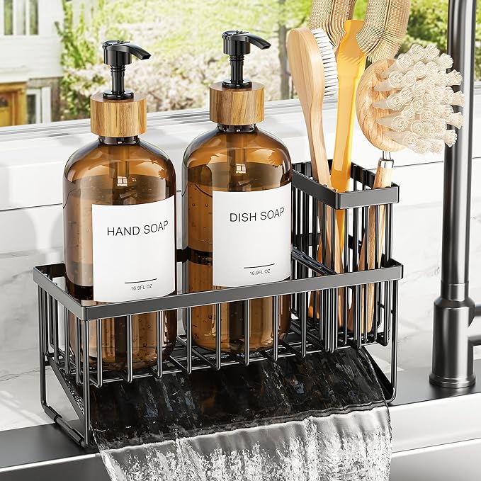 Cisily Kitchen Dish Soap Dispenser Set with 2 Pack 16.9oz Amber Glass Bottle and Sponge Holder, Dish Soap Dispensers with Adjustable Sponge Holder, Vintage Hand and Dish Soap Dispensers Set by CISILYHOMELIFE