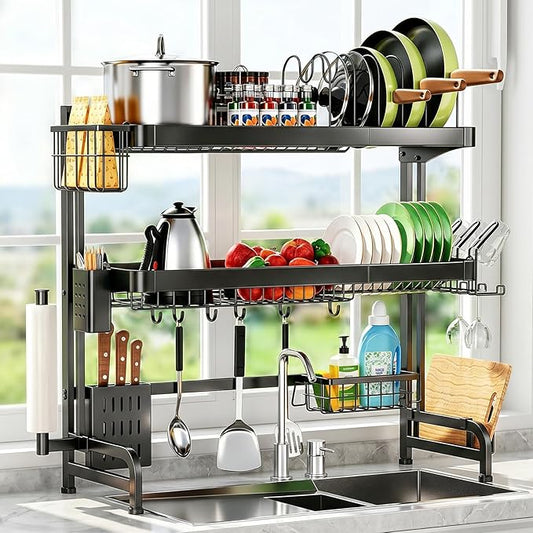 Over The Sink Dish Drying Rack, Adjustable 3 Tier Large Capacity Stainless Steel Drainer with Cutlery/Utensil/Cup Holder Hooks, Kitchen Storage & Organization, 25"-38" L x 11" W x 37.5" H, Black