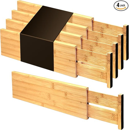 Utoplike Bamboo Drawer Dividers Large, 4'' High Adjustable Kitchen Drawer Organizers for Clothing, Spring Loaded, Works in Bathroom, Bedroom, Dresser, Desk, 4 pcs by Utoplike