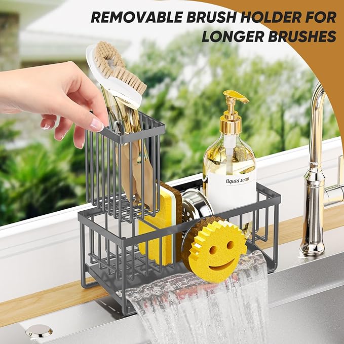 Sponge Holder for Kitchen Sink,Smiley Face Sink Caddy with Removable Brush Holder,Self-Draining Sponge Caddy for Soap,Dish Brush,Scrubber,Kitchen Essentials and Gadgets-Charcoal Gray - Image 5
