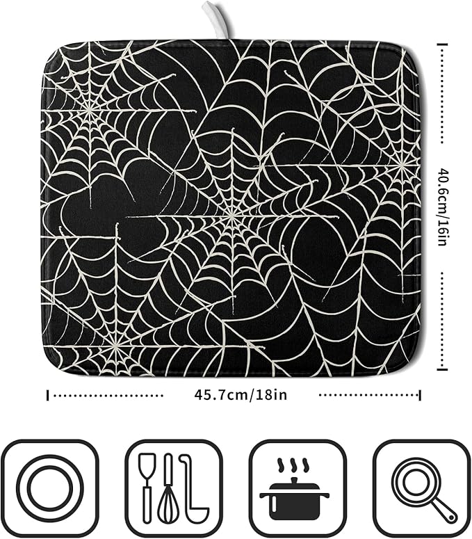 Halloween Dish Drying Mat for Kitchen Counter 16x18 Spider Web Black Holiday Scary Theme Absorbent Reversible Microfiber Drying Mats Kitchen Countertop Protector Dishes Drainer Pad - Image 2