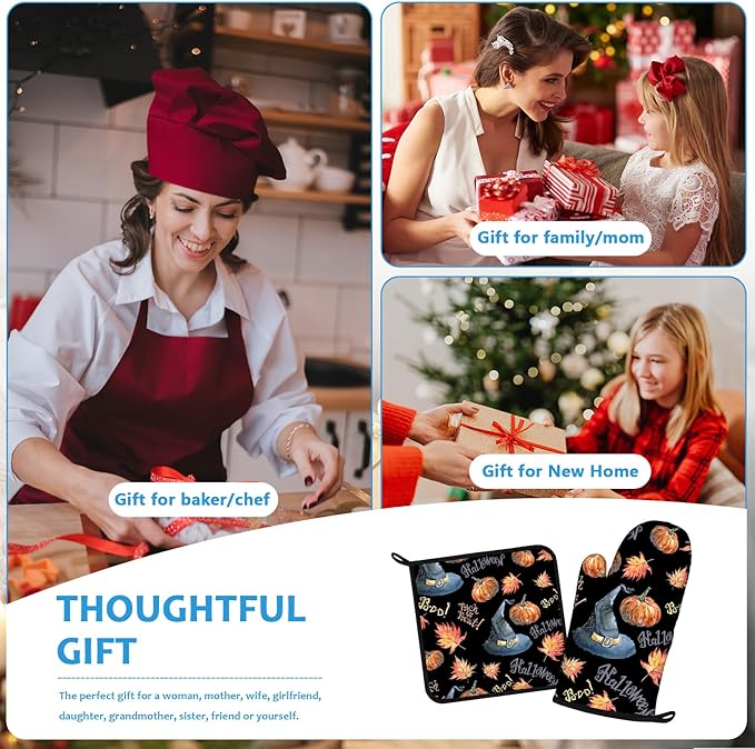Halloween Pumpkin Autumn Maple Leave Oven Mitts and Pot Holders Sets Heat Resistant 4Pcs Potholders Oven Gloves Hot Pads for Kitchen Baking Cooking Grilling BBQ