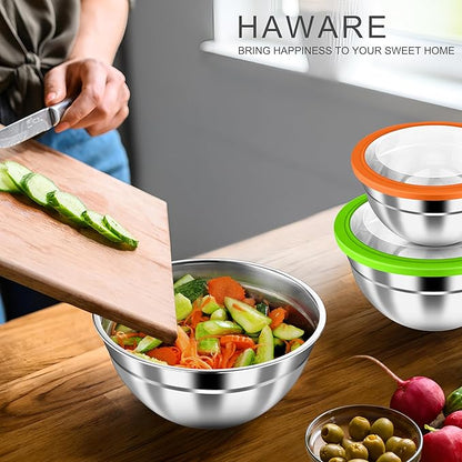 HaWare Mixing Bowls with Airtight Clear Lids, 6-Piece Stainless Steel Strong Nesting Bowls Set, Metal Salad Bowl for Cooking, Prepping, Baking, Serving & Food Storage, Size 4.6, 3, 1.5QT, Colorful - Image 7