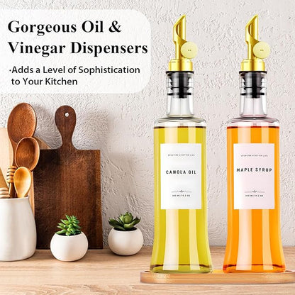 Olive Oil Dispenser Bottles for Kitchen with Bamboo Tray, Oil and Vinegar Dispenser Set, Coffee Syrup Dispensers, Glass Dispensers for Kitchen, Dispenser Bottle of 300ml - Set of 2 Gold - Image 4