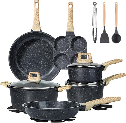 GiPP Ceramic Pots and Pans Set Non Stick - 17 Pcs Nonstick Cookware Set, Non-toxic Healthy Kitchen Cooking Set w/Frying Pans Set, Dishwasher Safe, PFAS PTFE PFOA PFOS Free, Dark Gray