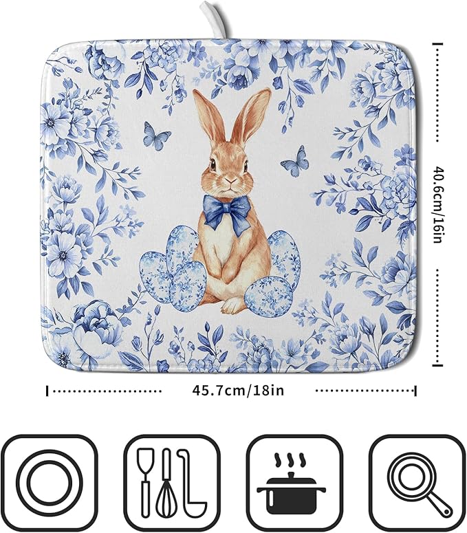 Vintage Microfiber Dish Drying Mat Blue Easter Floral Kitchen Drying Mats for Dishes 18 X 16 - Image 2