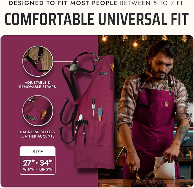 Asaya Chef and BBQ Apron with Bottle Opener and Hand Towel - 10oz Cotton Canvas, Stainless Steel Hardware - Cross Back Straps - Image 5