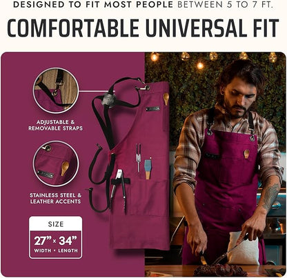 Asaya Chef and BBQ Apron with Bottle Opener and Hand Towel - 10oz Cotton Canvas, Stainless Steel Hardware - Cross Back Straps - Image 5