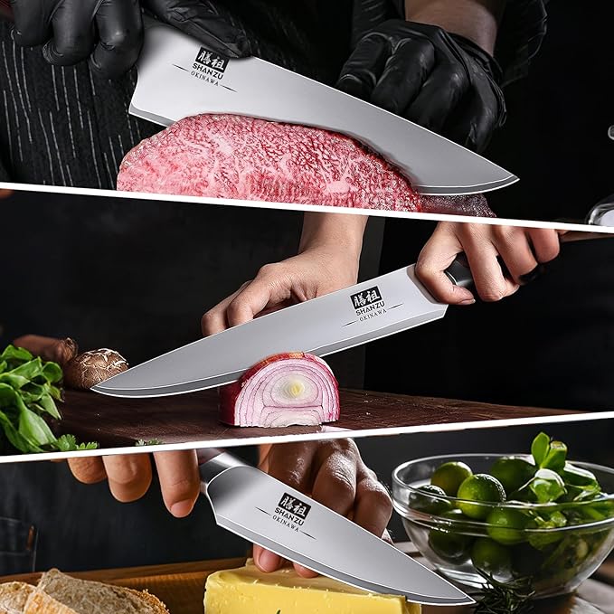 SHAN ZU Japanese Knife Set 3 PCs, High Carbon 10Cr15Mov Stainless Steel Chef Knife Set, Ultra-Sharp Professional Kitchen Knives Set with Ergonomic Pakkawood Handle and Elegant Gift Box - Image 6