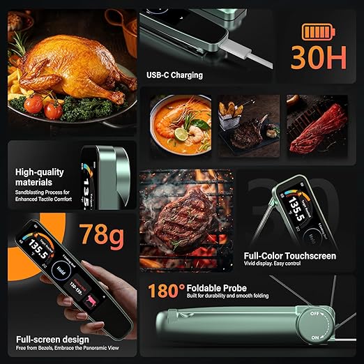 AWLKIM Digital Kitchen Thermometer for Cooking, 0.5-Second Instant Read Meat Thermometer, 3.8" Touchscreen, IP67 Waterproof Food Probe for BBQ, Grill, Candy, Oil, Baking | ±0.5°F, USB-C Rechargeable - Image 5