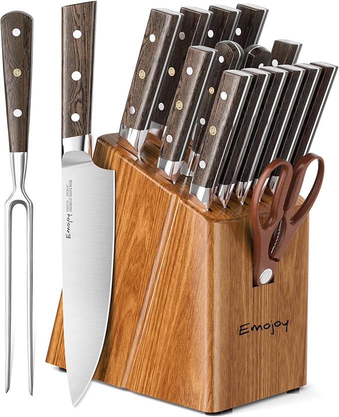Knife Set, Emojoy 16-Piece Kitchen Knife Set with Block, Knife Block Set with Kitchen Shears and Sharpener, High Carbon German Steel(Natural Wenge)