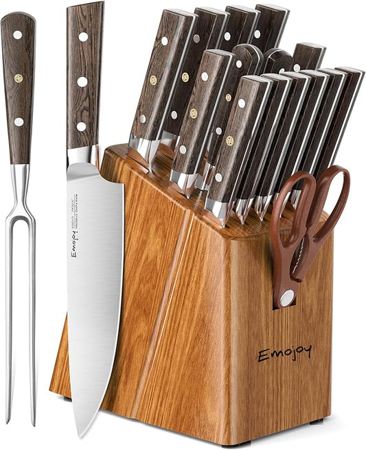 Knife Set, Emojoy 16-Piece Kitchen Knife Set with Block, Knife Block Set with Kitchen Shears and Sharpener, High Carbon German Steel(Natural Wenge)