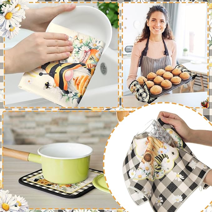 Fourluoo 10 Pcs Bee Kitchen Decor Set 4 Kitchen Towels 2 Pot Holders 2 Oven Mitts 2 Rugs Daisy Decorations for Cooking Baking Mom Housewarming Gifts - Image 2