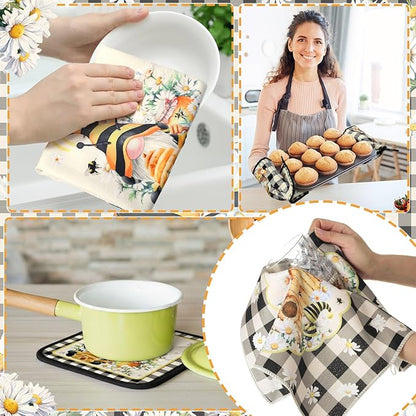 Fourluoo 10 Pcs Bee Kitchen Decor Set 4 Kitchen Towels 2 Pot Holders 2 Oven Mitts 2 Rugs Daisy Decorations for Cooking Baking Mom Housewarming Gifts - Image 2