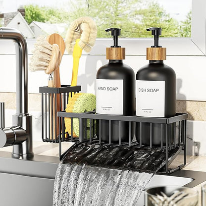 Cisily Kitchen Dish Soap Dispenser Set with 2 Pack 16.9oz Black Glass Bottle and Sponge Holder, Dish Soap Dispensers with Adjustable Sponge Holder, Vintage Hand and Dish Soap Dispensers Set - Image 8
