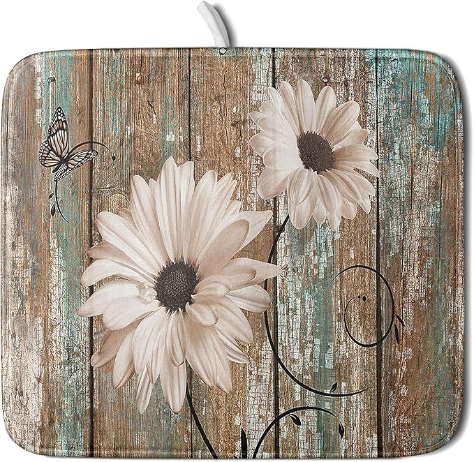 Giwawa Rustic Daisy Board Dish Drying Mat for Kitchen Countertop 16x18 inch Fall Sunflower on Wooden Plank Dish Drainer Mats Fast Drying Country Shabby Chic Vintage Kitchen Drying Decor