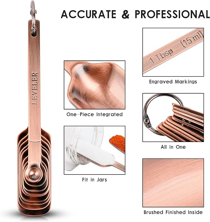 Copper Measuring Spoons Set 10, Stainless Steel Measuring Spoons with Leveler, Metric & US Metal Measuring Spoons fro Baking & Kitchen, Dry&Liquid Long Handle Measruing Spoons for Spice Jar