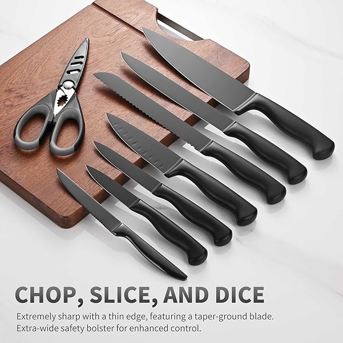 Black Knives Set, 15-Piece Stainless Steel Kitchen Knife Block Sets with Built-In Sharpener, Professional Knife Set with Scissors, Steak Knives