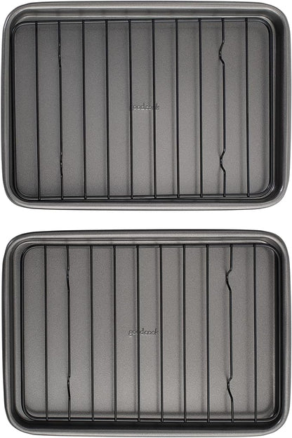GoodCook Set of 2 Nonstick Steel 9" x 6" Toaster Oven Mini Baking Sheets with Racks, Gray by GoodCook