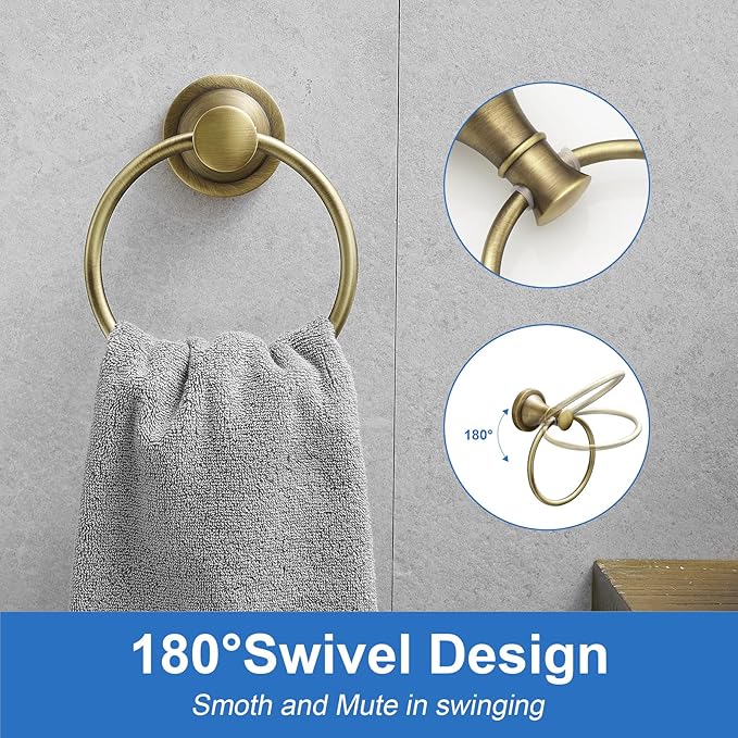 RUMOSE Toilet Paper Holder and Hand Towel Ring Antique Brass Wall Mount Bathroom Hardware Accessories 2 PCS Set Flexible Pivoting Toilet Tissue Roll Holder and Towel Hanger, Stainless Steel
