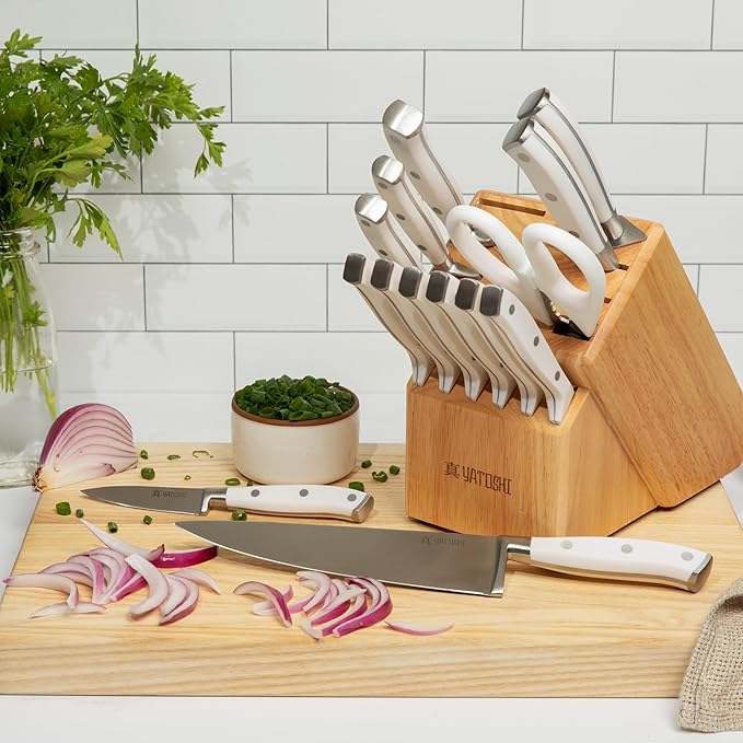 Yatoshi 15 Piece White Knife Block Set - Pro Kitchen Knife Set Ultra Sharp High Carbon Stainless Steel with Ergonomic Handle - Image 5