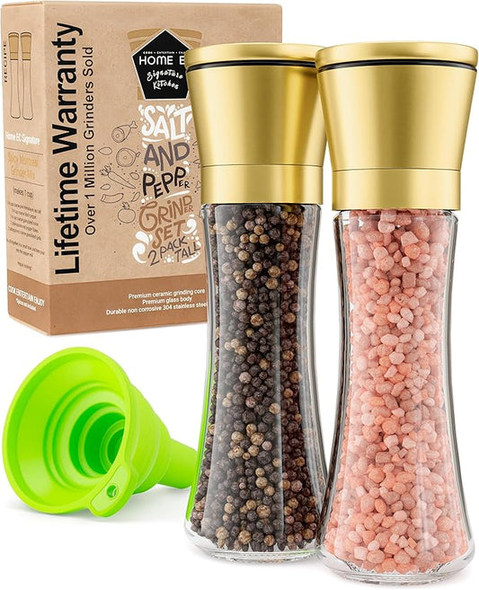Home EC Original Gold Salt and Pepper Grinder Set of 2 - Adjustable Ceramic Grinder - Tall Glass Salt and Pepper Shakers With Funnel and Ebook - Kitchen Spice Mill - Gold Kitchen Accessories by HOMEEC